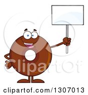 Cartoon Happy Round Chocolate Donut Character Holding Up A Blank Sign