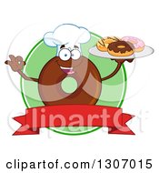 Poster, Art Print Of Cartoon Happy Round Chocolate Donut Chef Character Holding A Tray Of Doughnuts Over A Blank Banner And Green Circle