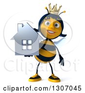Clipart Of A 3d Happy Queen Bee Holding A Chrome House Royalty Free Illustration