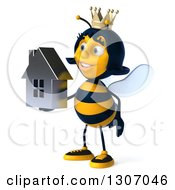 Clipart Of A 3d Happy Queen Bee Facing Slightly Left And Holding A Chrome House Royalty Free Illustration