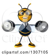 Clipart Of A 3d Happy Bespectacled Business Bee Working Out And Doing Lateral Raises With Dumbbells Royalty Free Illustration