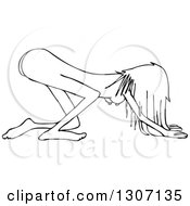 Cartoon Black And White Naked Woman Bowing And Kneeling