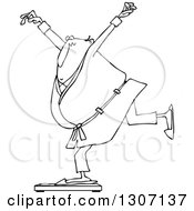 Lineart Clipart Of A Cartoon Black And White Chubby Man In A Robe And Pjs Balancing On A Scale Royalty Free Outline Vector Illustration by djart