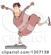 Cartoon Chubby White Woman In A Robe And Pjs Balancing On A Scale