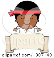 Clipart Of A Cartoon Happy Black Karate Boy Smiling Over A Blank Banner Sign Royalty Free Vector Illustration