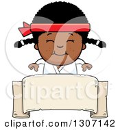 Poster, Art Print Of Cartoon Happy Black Karate Girl Smiling Over A Blank Banner Sign