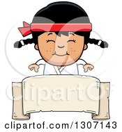 Poster, Art Print Of Cartoon Happy Asian Karate Girl Smiling Over A Blank Banner Sign