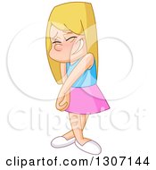 Clipart Of A Cartoon Bashful Shy Blond White Girl Royalty Free Vector Illustration
