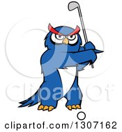 Poster, Art Print Of Cartoon Blue Owl Golfer Swinging A Club
