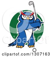 Poster, Art Print Of Cartoon White Outlined Blue Owl Golfer Swinging A Club Over A Green Circle