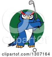Poster, Art Print Of Cartoon Blue Owl Golfer Swinging A Club Over A Green Circle