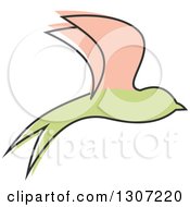 Clipart Of A Sketched Flying Beige And Green Swallow Bird Royalty Free Vector Illustration