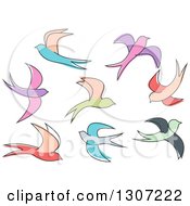Clipart Of Sketched Flying Swallow Birds Royalty Free Vector Illustration