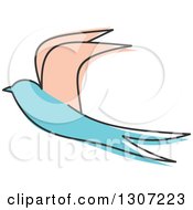 Clipart Of A Sketched Flying Beige And Blue Swallow Bird Royalty Free Vector Illustration