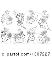 Clipart Of Sketched Black And White Brides Holding Bouquets 2 Royalty Free Vector Illustration