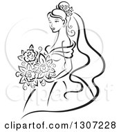 Poster, Art Print Of Sketched Black And White Bride Holding A Bouquet 7