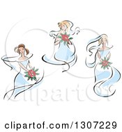 Clipart Of Sketched Caucasian Brides In Blue Dresses Holding Bouquets Of Red Flowers Royalty Free Vector Illustration