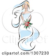 Clipart Of A Sketched Blond Caucasian Bride In A Blue Dress Holding A Bouquet Of Red Flowers 2 Royalty Free Vector Illustration