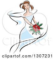 Poster, Art Print Of Sketched Brunette Caucasian Bride In A Blue Dress Holding A Bouquet Of Red Flowers