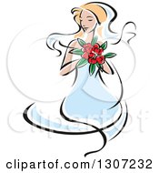 Poster, Art Print Of Sketched Blond Caucasian Bride In A Blue Dress Holding A Bouquet Of Red Flowers