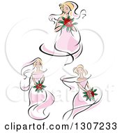 Clipart Of Sketched Blond Caucasian Brides In Pink Dresses Holding Bouquets Of Red Flowers Royalty Free Vector Illustration