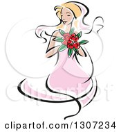 Poster, Art Print Of Sketched Blond Caucasian Bride In A Pink Dress Holding A Bouquet Of Red Flowers 2