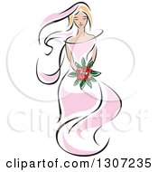 Poster, Art Print Of Sketched Blond Caucasian Bride In A Pink Dress Holding A Bouquet Of Red Flowers 2