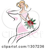 Clipart Of A Sketched Blond Caucasian Bride In A Pink Dress Holding A Bouquet Of Red Flowers 3 Royalty Free Vector Illustration by Vector Tradition SM