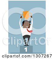 Clipart Of A Flat Design Black Businessman Winner Holding Up A Trophy On A Podium On Blue Royalty Free Vector Illustration