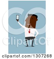 Poster, Art Print Of Flat Design Black Businessman Taking A Selfie With A Cell Phone On Blue