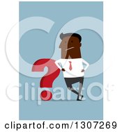 Clipart Of A Flat Design Black Businessman Leaning On A Question Mark Over Blue Royalty Free Vector Illustration