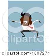 Poster, Art Print Of Flat Design Black Businessman Jumping Shouting And Pointing On Blue