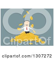 Poster, Art Print Of Flat Design White Businessman With A Pile Of Dollar Coins On Blue
