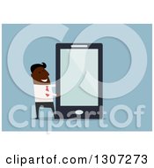 Poster, Art Print Of Flat Design Black Businessman Presenting A Giant Smart Cell Phone On Blue