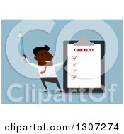 Poster, Art Print Of Flat Design Black Businessman Holding Up A Pencil By A Check List On Blue