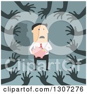 Clipart Of A Flat Design Scared White Businessman Holding A Pink Piggy Bank Surrounded By Thief Hands On Blue Royalty Free Vector Illustration