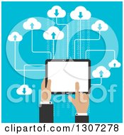 Poster, Art Print Of Flat Design Of A Businessmans Hands Using A Tablet Computer And Cloud Storage Over Blue