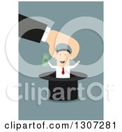 Poster, Art Print Of Flat Design Of A Hand Pulling A Businessman With Cash Out Of A Top Hat On Blue