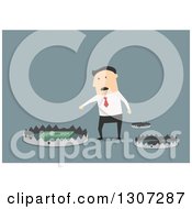 Flat Design White Businessman Reaching For Cash In A Trap On Blue