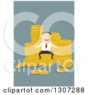 Poster, Art Print Of Flat Design Of A White Businessman With Stacks Of Coins On Blue