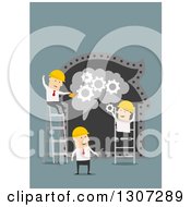 Clipart Of A Flat Design Of Builder Businessmen Teamwork And Cooperation Concept Repairing A Brain Royalty Free Vector Illustration