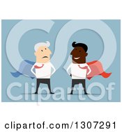 Poster, Art Print Of Flat Design Happy Young Black Business Man Super Hero And Old Senior White Man On Blue