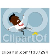 Clipart Of A Flat Design Black Businessman Slipping On A Banana Peel Over Blue Royalty Free Vector Illustration
