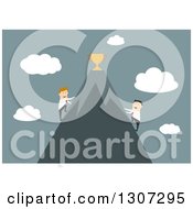 Poster, Art Print Of Flat Design Of Businessmen Climbing Opposite Sides Of A Mountain To Reach The Trophy At The Top Over Blue