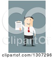 Clipart Of A Flat Design Of A Happy White Businessman Holding Up A Certificate On Blue Royalty Free Vector Illustration by Vector Tradition SM