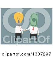 Poster, Art Print Of Flat Design Of Business Men With Lightbulb And Money Heads Shaking Hands On Blue