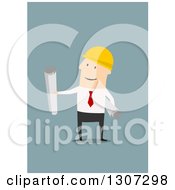 Poster, Art Print Of Flat Design White Contractor Worker Holding Plans On Blue