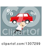 Clipart Of A Flat Design White Businessman Lifting A Heavy Car With Percent Symbols On Blue Royalty Free Vector Illustration
