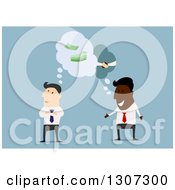 Clipart Of A Flat Design White And Black Business Men Considering A Partnership On Blue Royalty Free Vector Illustration by Vector Tradition SM