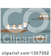 Clipart Of A Flat Design Of White Businessmen Rowing Boats With Arrows And A Boss Using A Spyglass On Blue Royalty Free Vector Illustration by Vector Tradition SM